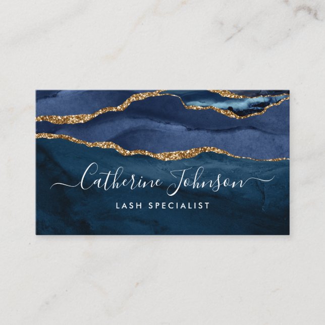 Modern Navy Blue Gold Agate Geode Elegant Script Business Card (Front)