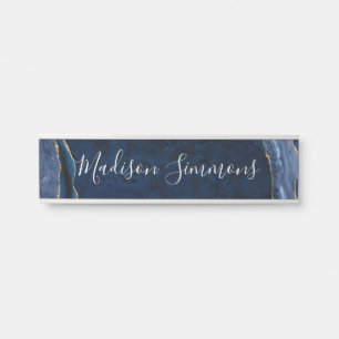Modern Navy Blue Gold Agate Geode Feminine Script Door Sign