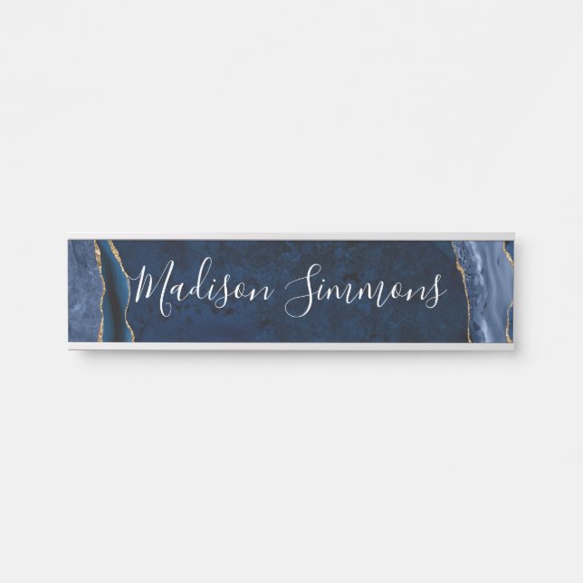Modern Navy Blue Gold Agate Geode Feminine Script Door Sign (Front)