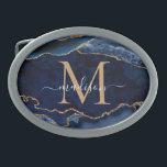 Modern Navy Blue Gold Agate Geode Girly Monogram Belt Buckle<br><div class="desc">Modern Glam Navy Blue Gold Glitter Sparkle Agate Geode Gemstone Elegant Feminine Monogram Script Name Belt Buckle</div>