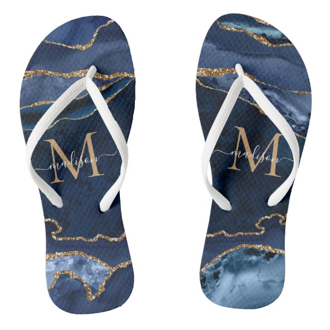 Modern Navy Blue Gold Agate Geode Girly Monogram Flip Flops (Footbed)