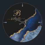 Modern Navy Blue Gold Agate Geode Monogram Large Clock<br><div class="desc">A modern trendy style navy blue gold agate geode monogrammed script clock. A chic stylish design for your home decor.</div>