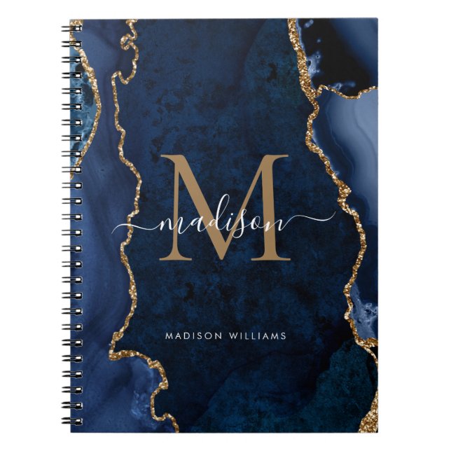 Modern Navy Blue Gold Agate Geode Monogram Script Notebook (Front)