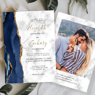 Modern Navy Blue Gold Agate Marble Photo Wedding Invitation