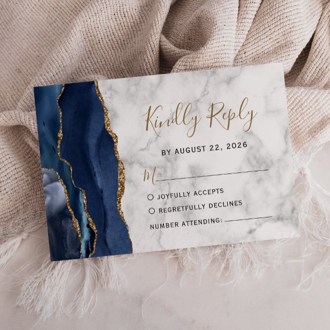 Modern Navy Blue Gold Agate Marble Wedding RSVP Card (Creator Uploaded)