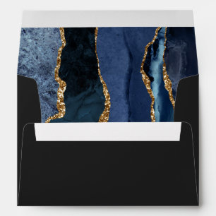 Modern Navy Blue Gold Agate Off-Black Wedding Envelope