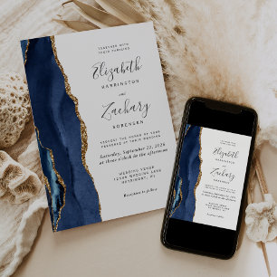 Modern Navy Blue Gold Agate Wedding Invitation