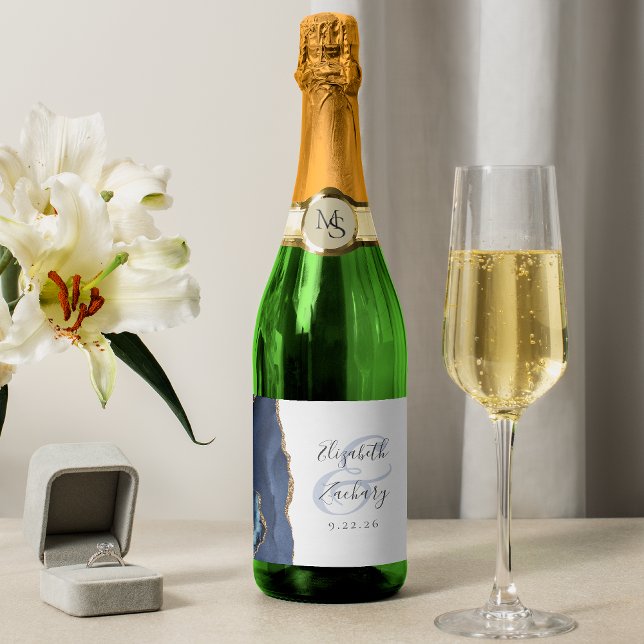Modern Navy Blue Gold Agate Wedding Sparkling Wine Label (Creator Uploaded)