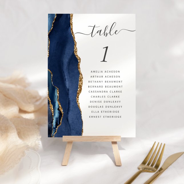 Modern Navy Blue Gold Agate Wedding Table Number (Creator Uploaded)