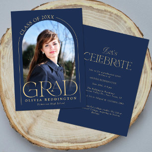 Modern Navy Blue Gold Arch Photo Grad Party Invitation