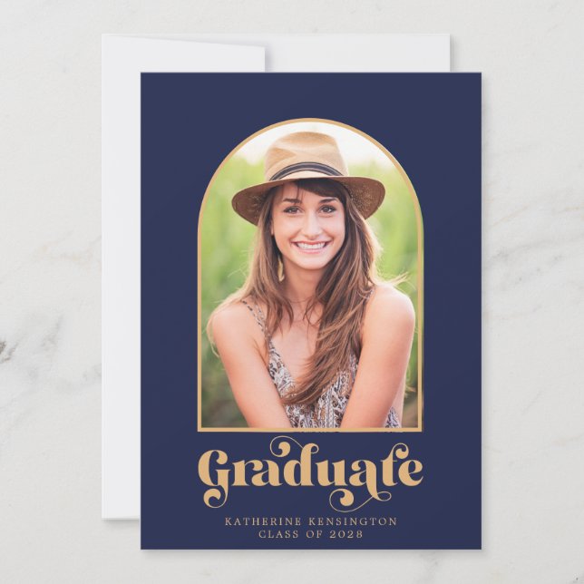 Modern Navy Blue Gold Arch Photo Graduation Party Invitation (Front)