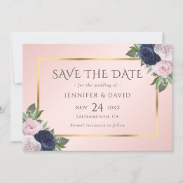 Modern Navy Blue Gold Blush Pink Floral Save The Date