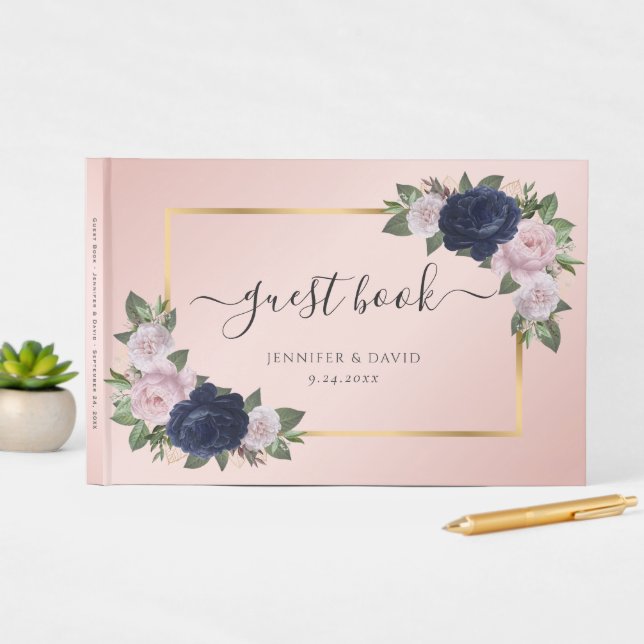 Modern Navy Blue Gold Blush Wedding Guest Book (InSitu Display)
