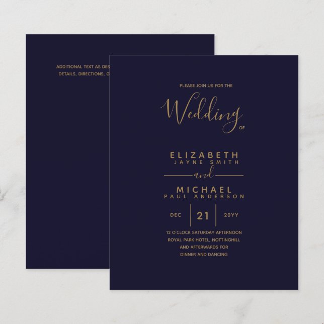 Modern Navy Blue Gold Budget Wedding Invites (Front/Back)