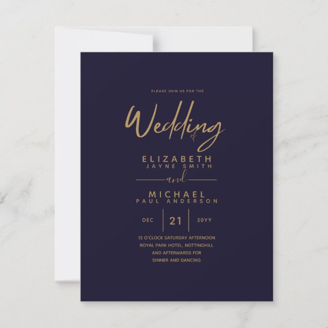 Modern Navy Blue Gold Budget Wedding Invites (Front)