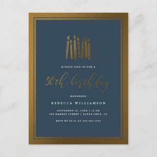 Modern Navy Blue & Gold Candles 50th Birthday Invitation Postcard