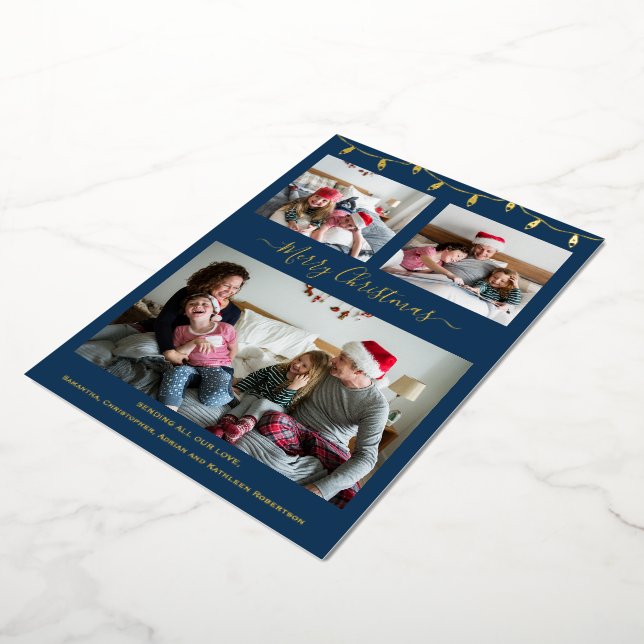 Modern Navy Blue Gold Christmas Collage Photo Foil Holiday Card (Rotated)