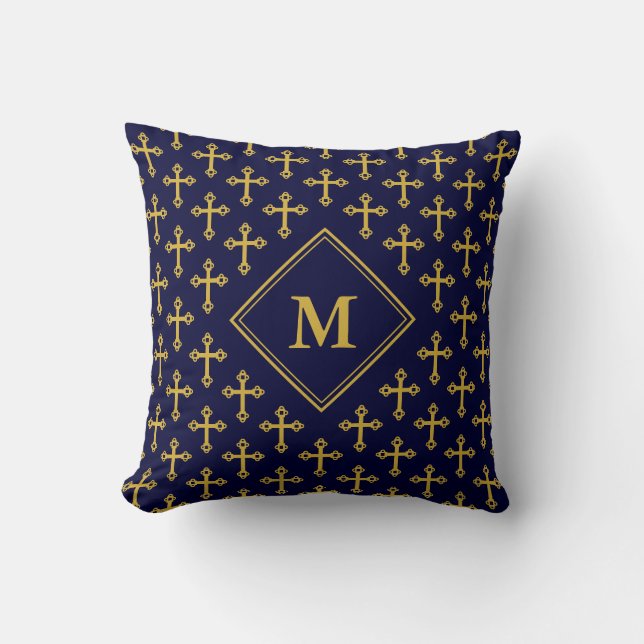 Modern Navy Blue Gold CROSS Monogram Cushion (Front)