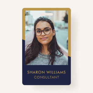 Modern Navy Blue Gold Employee Photo Company Logo  ID Badge