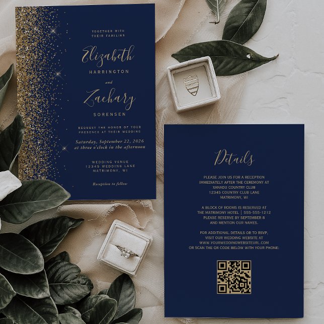 Modern Navy Blue Gold Faux Glitter QR Code Wedding Invitation (Creator Uploaded)