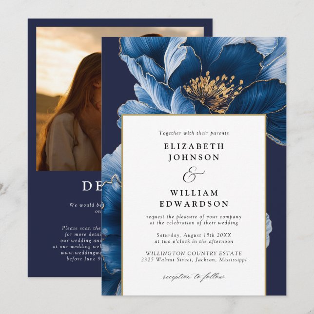 Modern Navy Blue Gold Floral Photo QR Code Wedding Invitation (Front/Back)