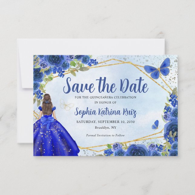 Modern Navy Blue Gold Floral Princess Quinceañera Save The Date (Front)