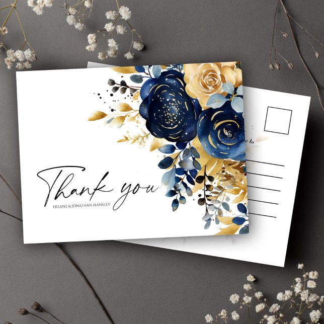 Modern Navy Blue Gold Floral Wedding Postcard (Modern Navy Blue Gold Floral Wedding Postcard)