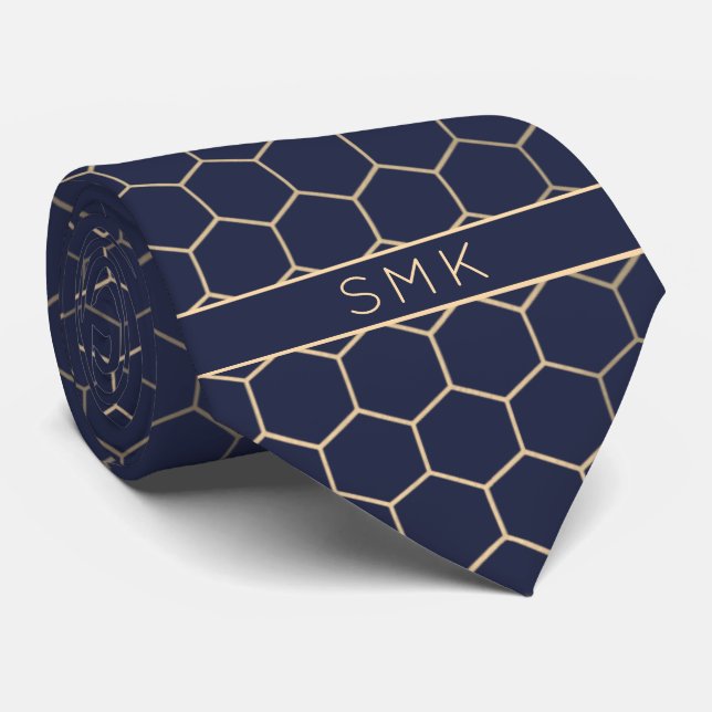 Modern Navy Blue Gold Foil Geometric Monogram Tie (Rolled)