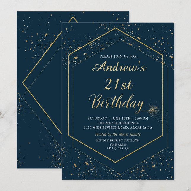 Modern Navy Blue Gold Geometric Birthday Invitation (Front/Back)