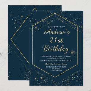 Modern Navy Blue Gold Geometric Birthday Invitation
