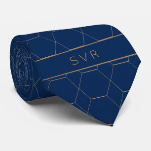Modern Navy Blue Gold Geometric Monogram Neck Tie