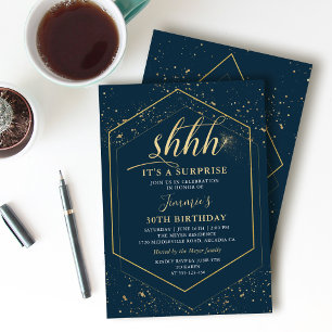 Modern Navy Blue Gold Geometric Surprise Birthday Invitation