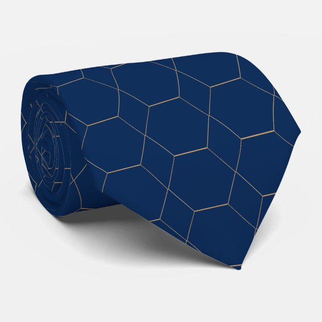 Modern Navy Blue Gold Geometric Tie (Rolled)