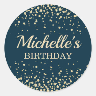 Modern Navy Blue Gold Glitter Birthday Classic Round Sticker