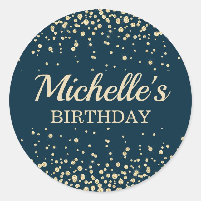 Modern Navy Blue Gold Glitter Birthday Classic Round Sticker (Front)
