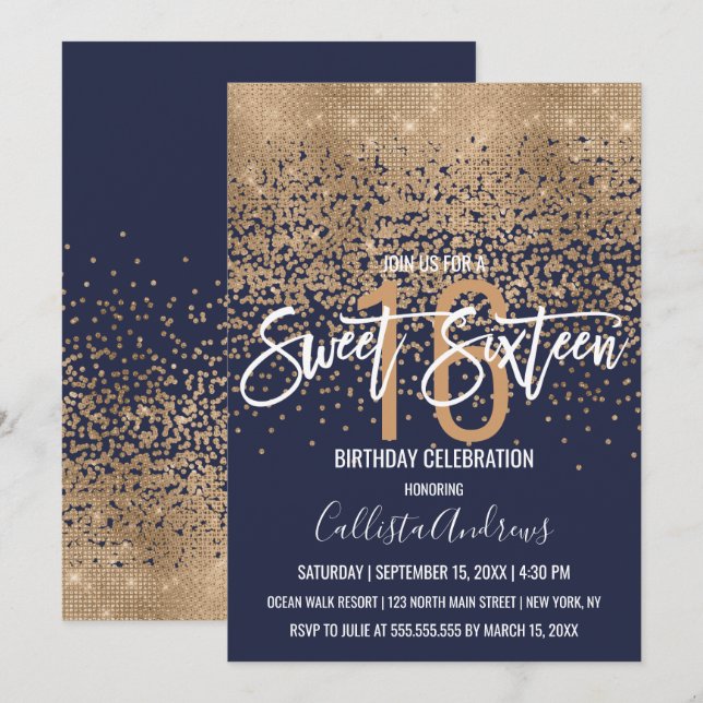 Modern Navy Blue Gold Glitter Confetti Sweet 16 Invitation (Front/Back)