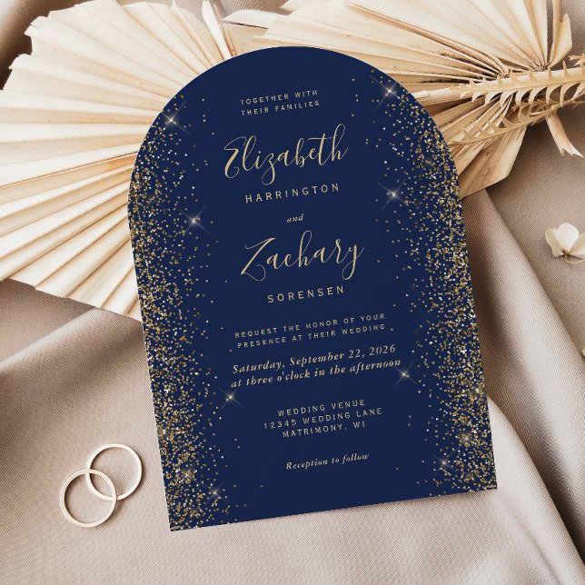 Modern Navy Blue Gold Glitter Edge Arch Wedding Invitation (Creator Uploaded)