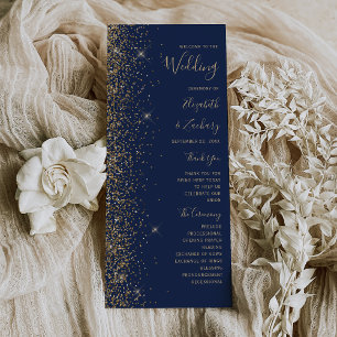 Modern Navy Blue Gold Glitter Edge Wedding Program