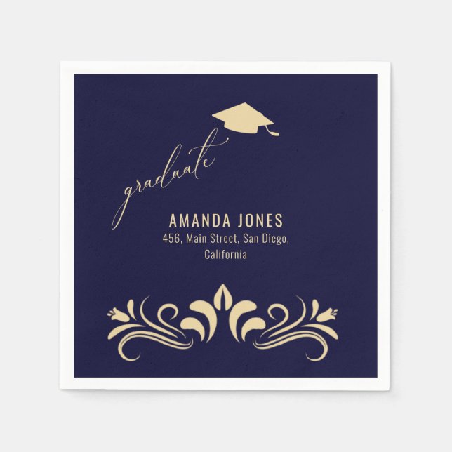 Modern Navy Blue Gold Grad Cap Graduation  Napkin (Front)