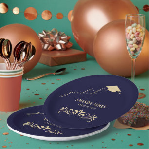 Modern Navy Blue Gold Grad Cap Graduation  Paper Plate