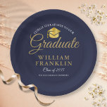 Modern Navy Blue Gold Graduation Party Paper Plate<br><div class="desc">An elegant graduation party paper plate featuring your grads details set in chic typography on a navy blue background. Designed by Thisisnotme©</div>