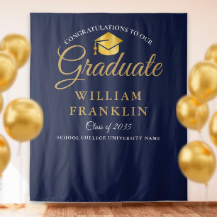 Modern Navy Blue Gold Graduation Photo Backdrop Tapestry
