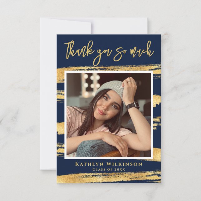 Modern Navy Blue Gold Graduation Thank You Card (Front)