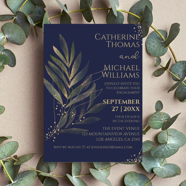 Modern Navy Blue Gold Leaf Engagement Party Invitation (Creator Uploaded)