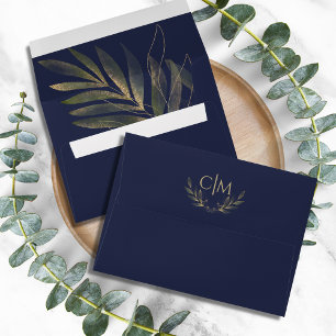 Modern Navy Blue Gold Leaf Wedding Monogram Envelope