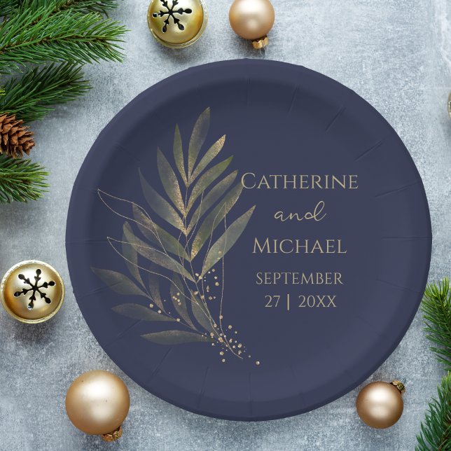 Modern Navy Blue Gold Leaf Wedding Monogram Paper Plate (Creator Uploaded)