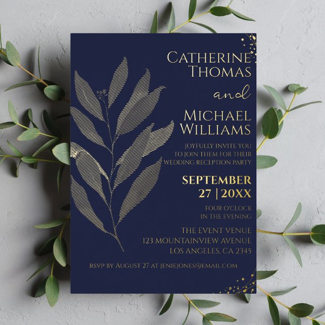 Modern Navy Blue Gold Leaf Wedding Reception (Creator Uploaded)