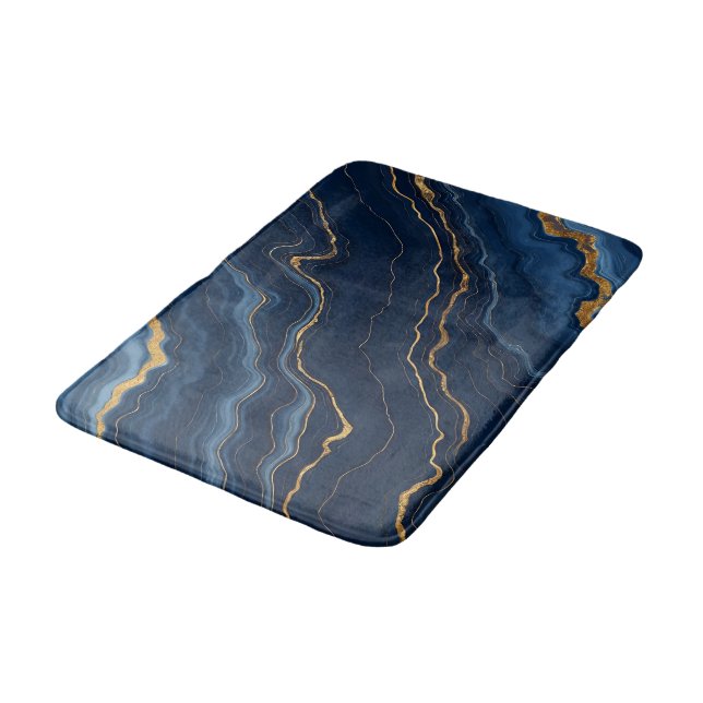 Modern Navy Blue Gold Marble Collection Bath Mat (Angled)