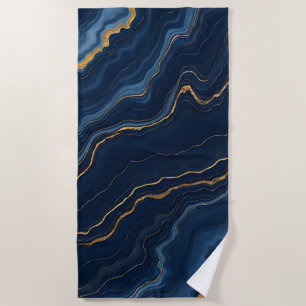 Modern Navy Blue Gold Marble Collection Beach Towel
