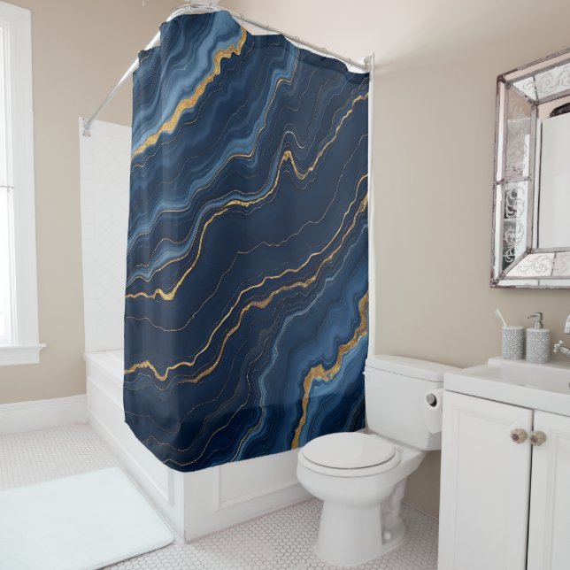 Modern Navy Blue Gold Marble Collection Shower Curtain (In Situ)